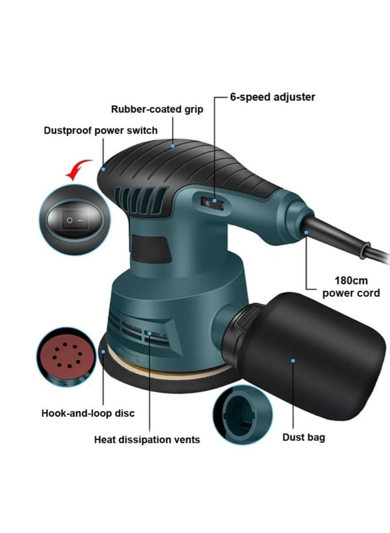WALALLA 300W Electric Orbital Sander, 12000RPM Random Orbit Sander with 6 Variable Speeds, Dust Collection Bag, 5 Inch Hook and Loop Sanding Pad, Waxing Buffing Polisher for Woodworking Metal Plastic - Image 2
